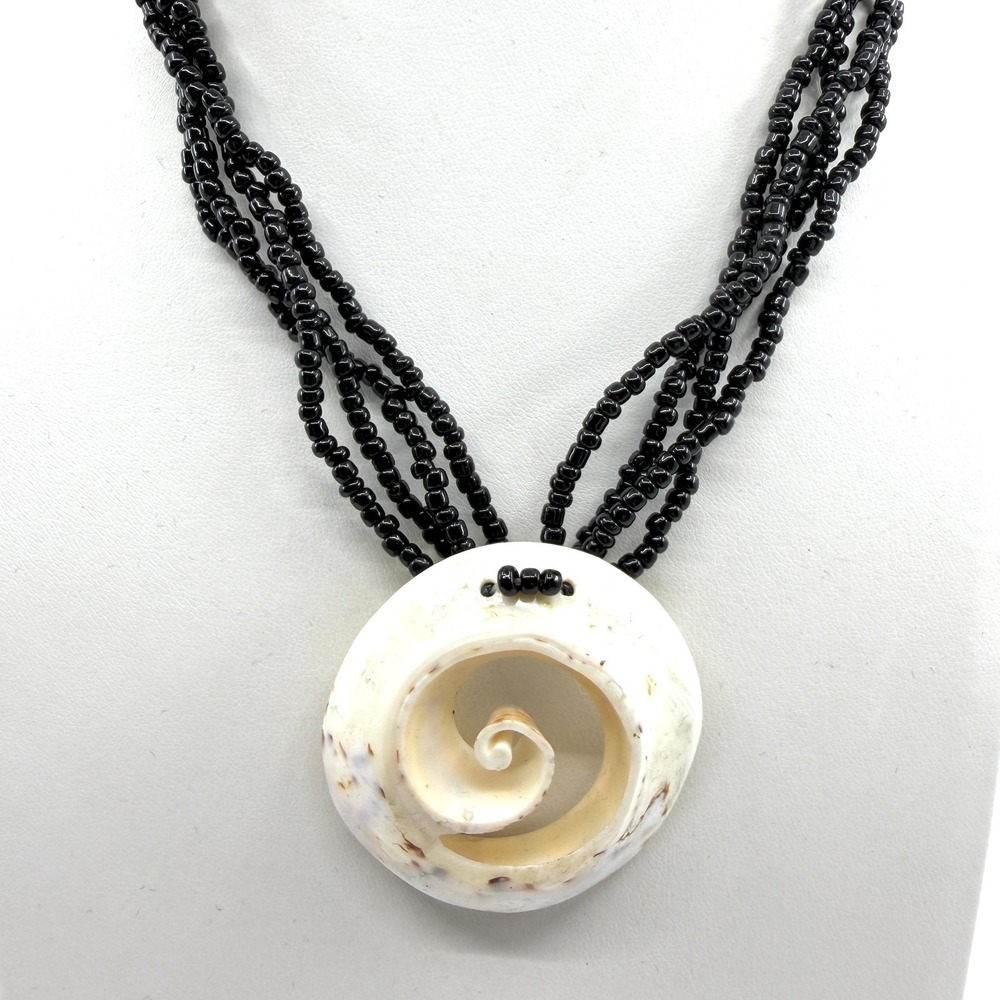 Black Beaded Necklace with Large Spiral Shell Pendant - Statement Jewelry